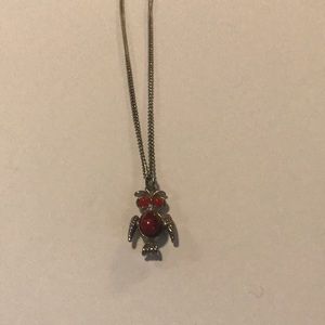 Red Eyed Owl Necklace Silver tone costume jewelry